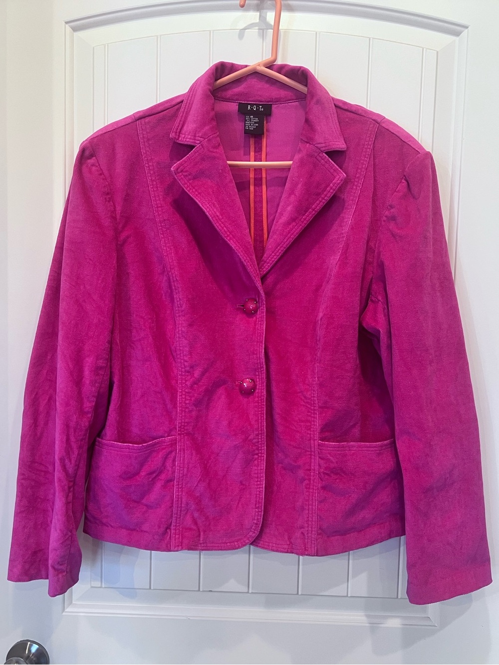 RQT Hot Pink 2 Fun Buttons Blazer Pockets Sz 16 98% Cotton 2% Spandex